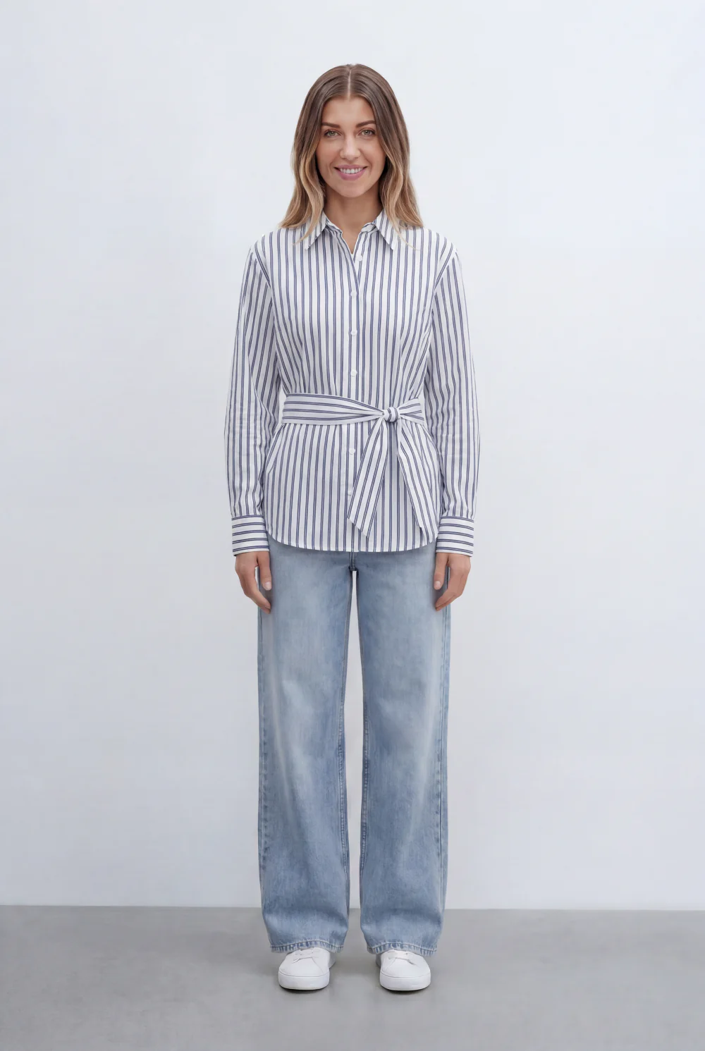 Women’s Tomato Store Classic Striped Blouse With Adjustable Waist Tie Button Front Design - Image 3