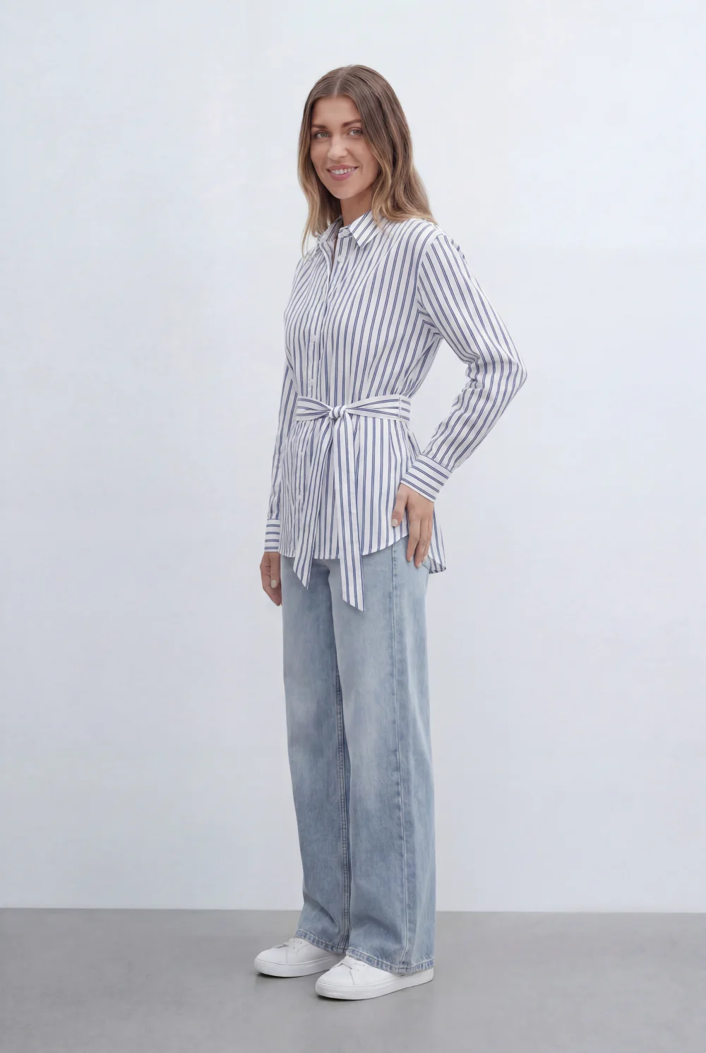 Women’s Tomato Store Classic Striped Blouse With Adjustable Waist Tie Button Front Design - Image 4