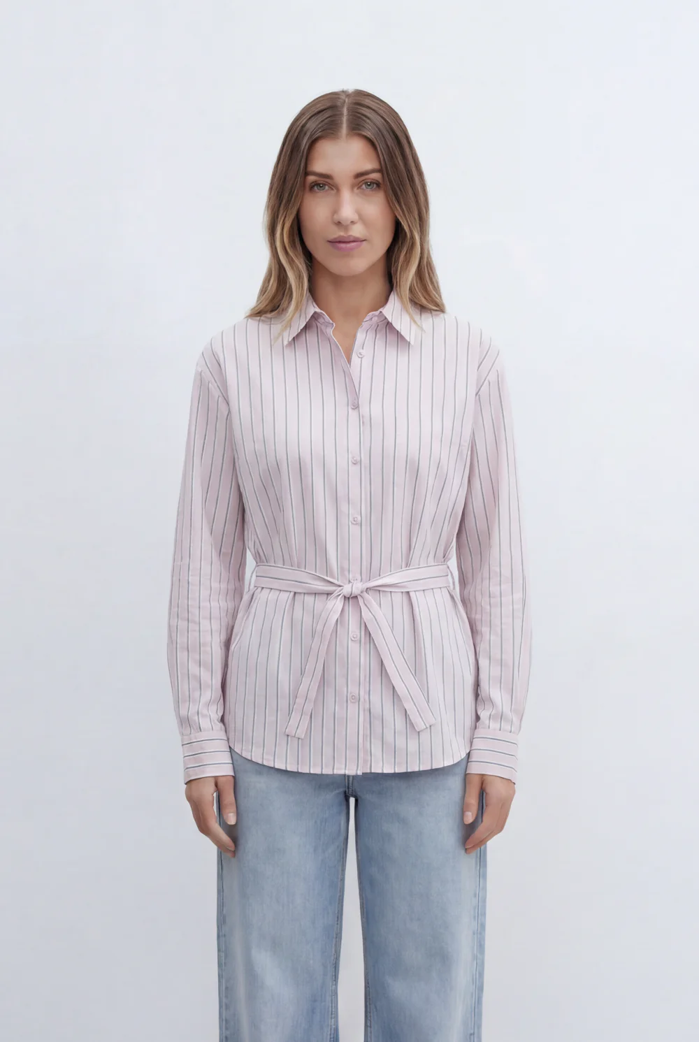 Women’s Tomato Store Classic Striped Blouse With Adjustable Waist Tie Button Front Design - Image 5