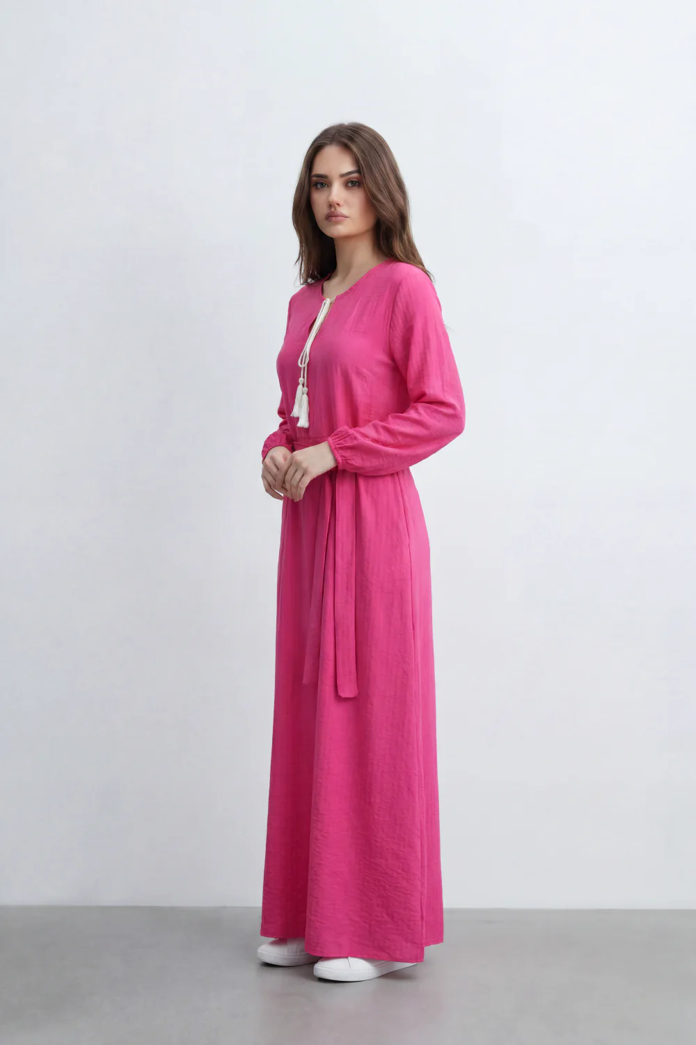 Women’s Tomato Store Desert Gauze Maxi Dress With Allover Cotton Crinkle Slub Texture Front Tassel Tie Detail Self Waist Belt Relaxed Flowing Fit - Image 11