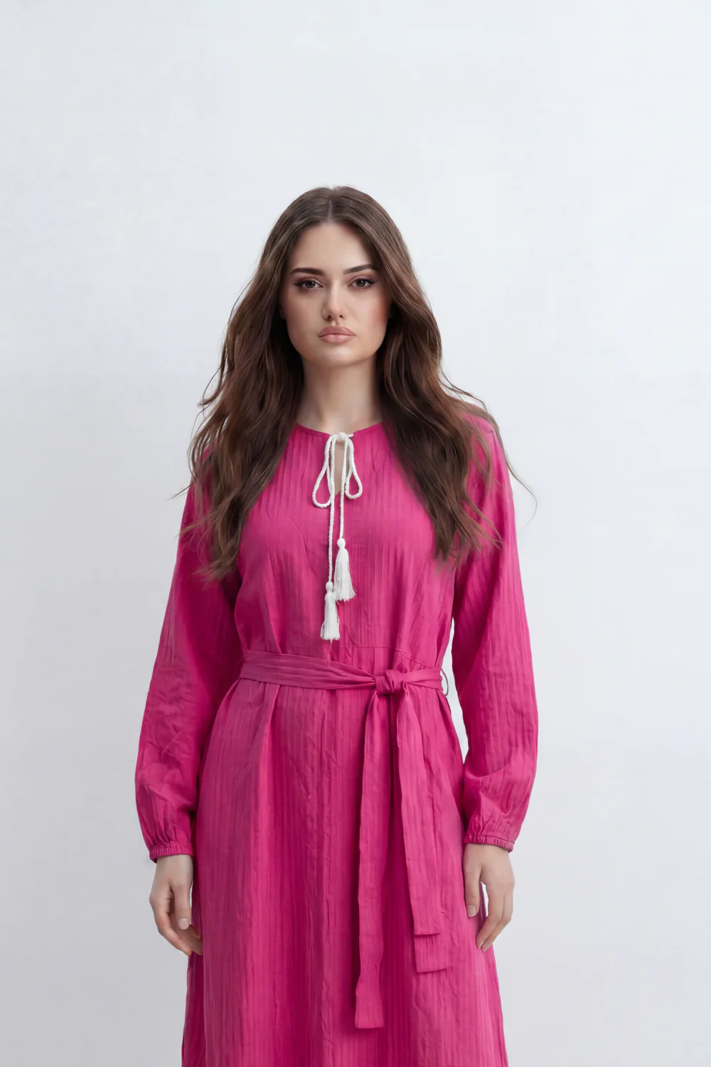 Women’s Tomato Store Desert Gauze Maxi Dress With Allover Cotton Crinkle Slub Texture Front Tassel Tie Detail Self Waist Belt Relaxed Flowing Fit - Image 12