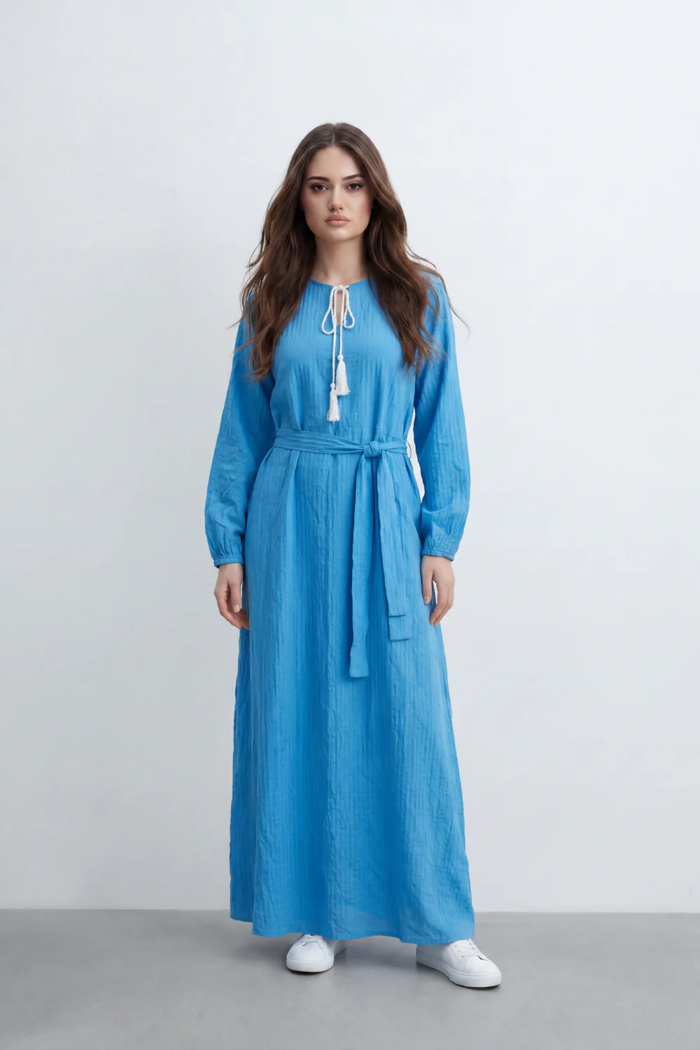 Women’s Tomato Store Desert Gauze Maxi Dress With Allover Cotton Crinkle Slub Texture Front Tassel Tie Detail Self Waist Belt Relaxed Flowing Fit - Image 13
