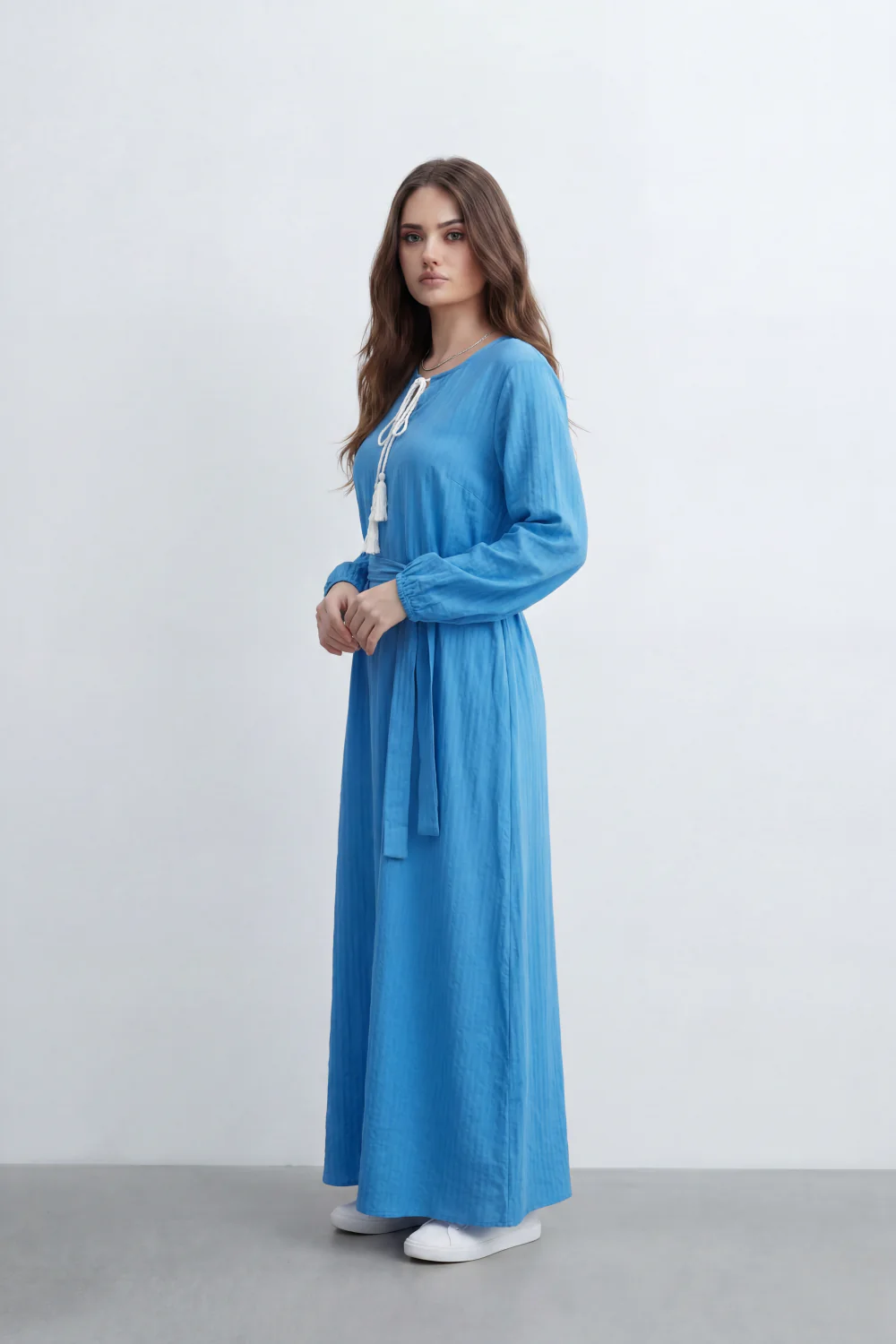 Women’s Tomato Store Desert Gauze Maxi Dress With Allover Cotton Crinkle Slub Texture Front Tassel Tie Detail Self Waist Belt Relaxed Flowing Fit - Image 15
