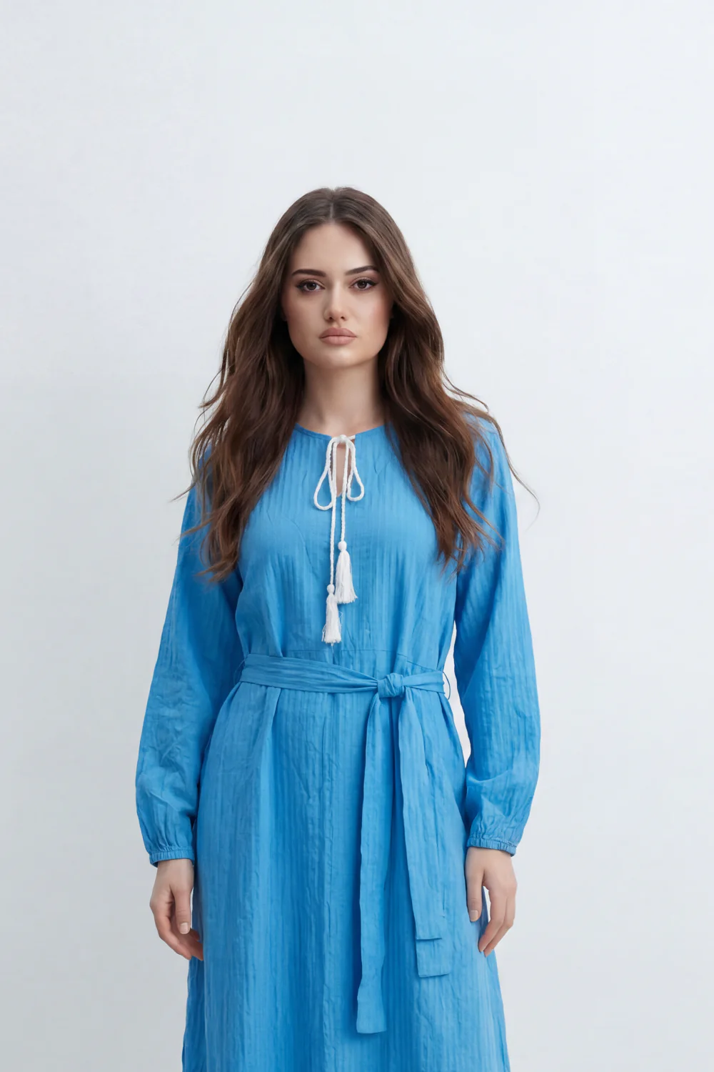 Women’s Tomato Store Desert Gauze Maxi Dress With Allover Cotton Crinkle Slub Texture Front Tassel Tie Detail Self Waist Belt Relaxed Flowing Fit - Image 16