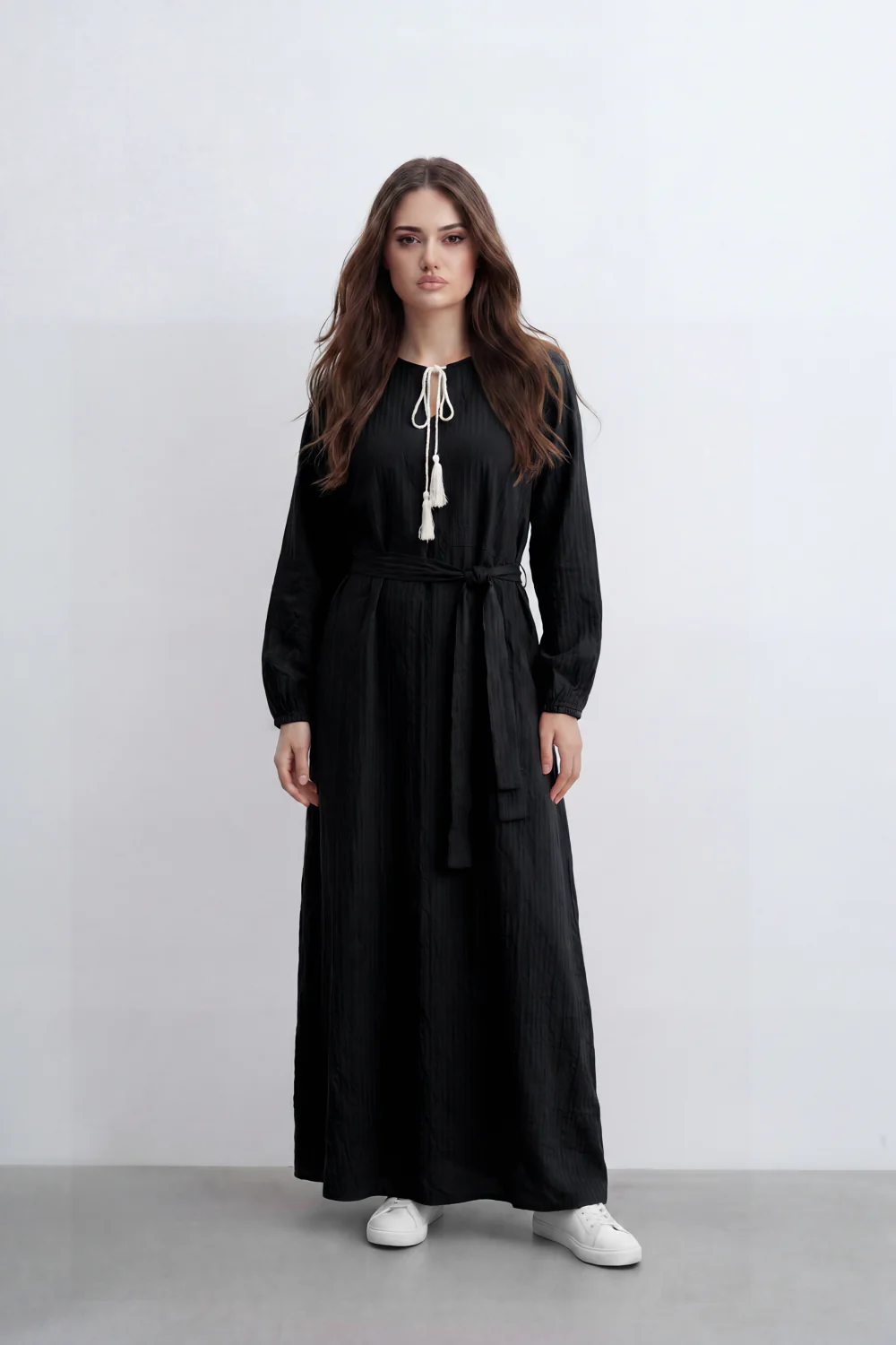 Women’s Tomato Store Desert Gauze Maxi Dress With Allover Cotton Crinkle Slub Texture Front Tassel Tie Detail Self Waist Belt Relaxed Flowing Fit - Image 17