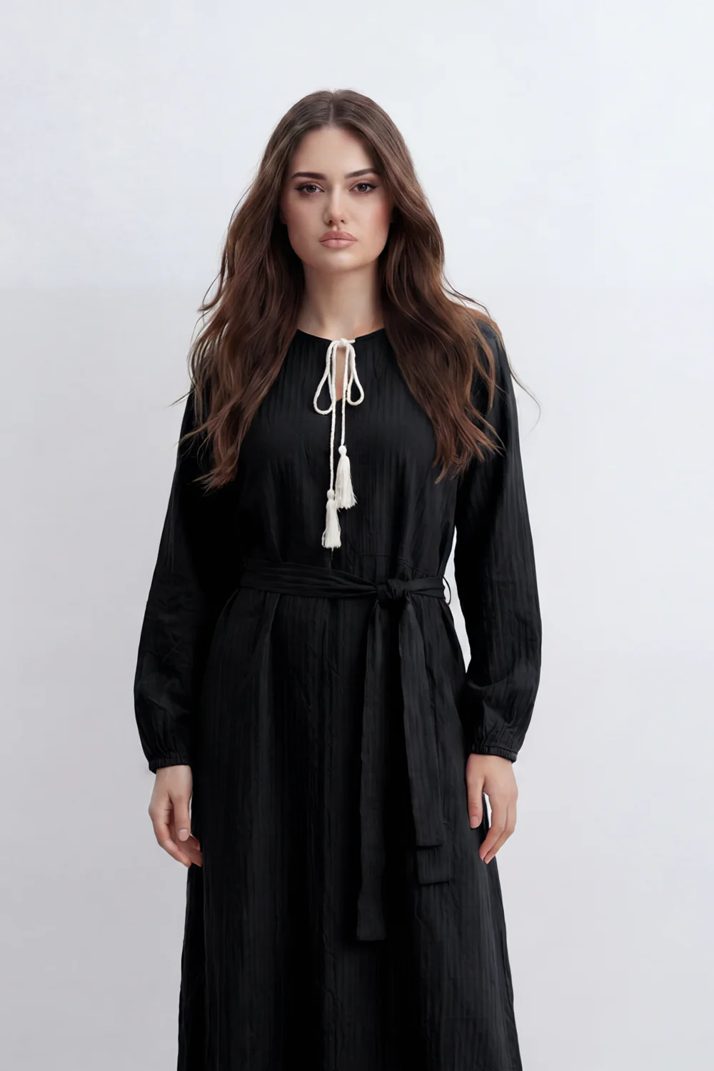 Women’s Tomato Store Desert Gauze Maxi Dress With Allover Cotton Crinkle Slub Texture Front Tassel Tie Detail Self Waist Belt Relaxed Flowing Fit - Image 19