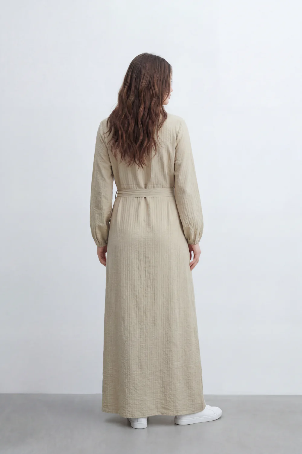 Women’s Tomato Store Desert Gauze Maxi Dress With Allover Cotton Crinkle Slub Texture Front Tassel Tie Detail Self Waist Belt Relaxed Flowing Fit - Image 2