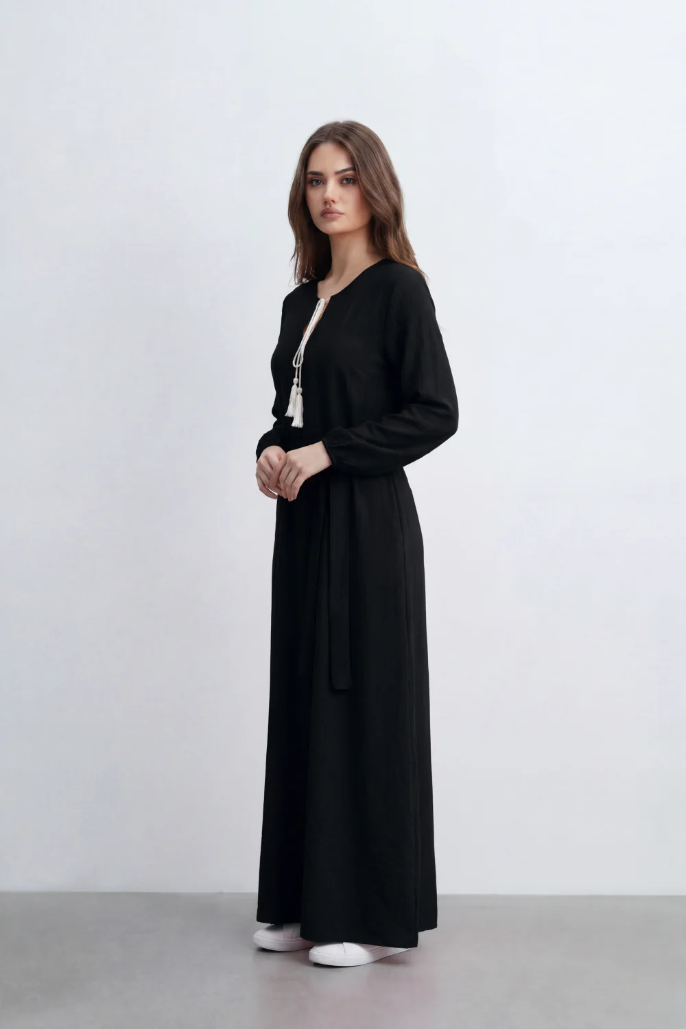 Women’s Tomato Store Desert Gauze Maxi Dress With Allover Cotton Crinkle Slub Texture Front Tassel Tie Detail Self Waist Belt Relaxed Flowing Fit - Image 20