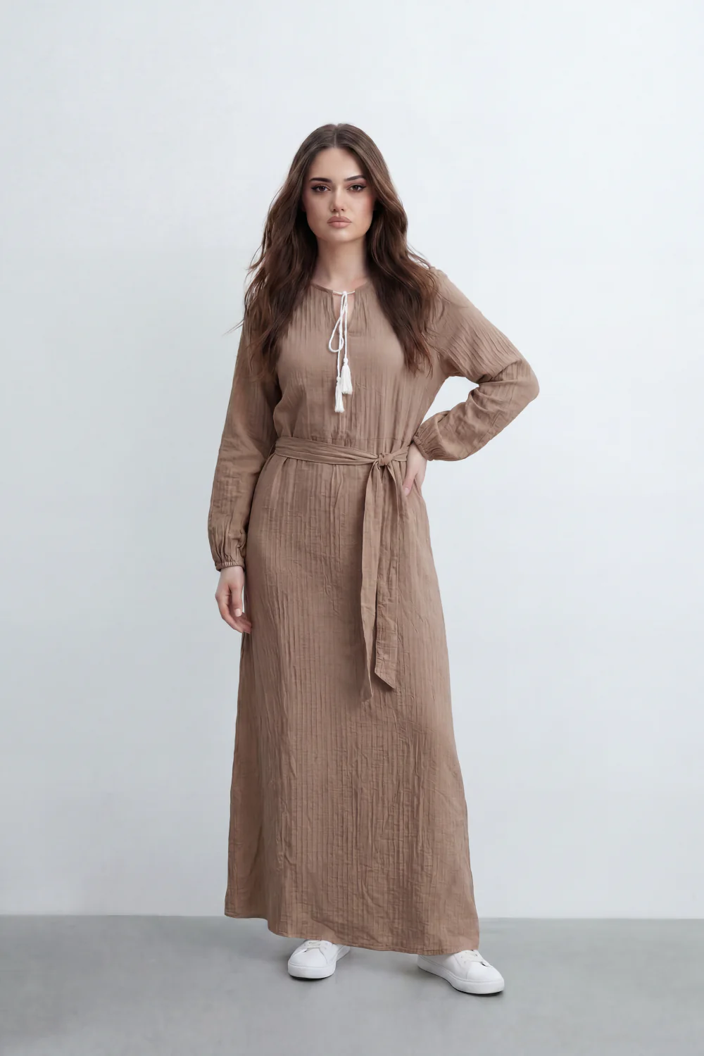 Women’s Tomato Store Desert Gauze Maxi Dress With Allover Cotton Crinkle Slub Texture Front Tassel Tie Detail Self Waist Belt Relaxed Flowing Fit - Image 21