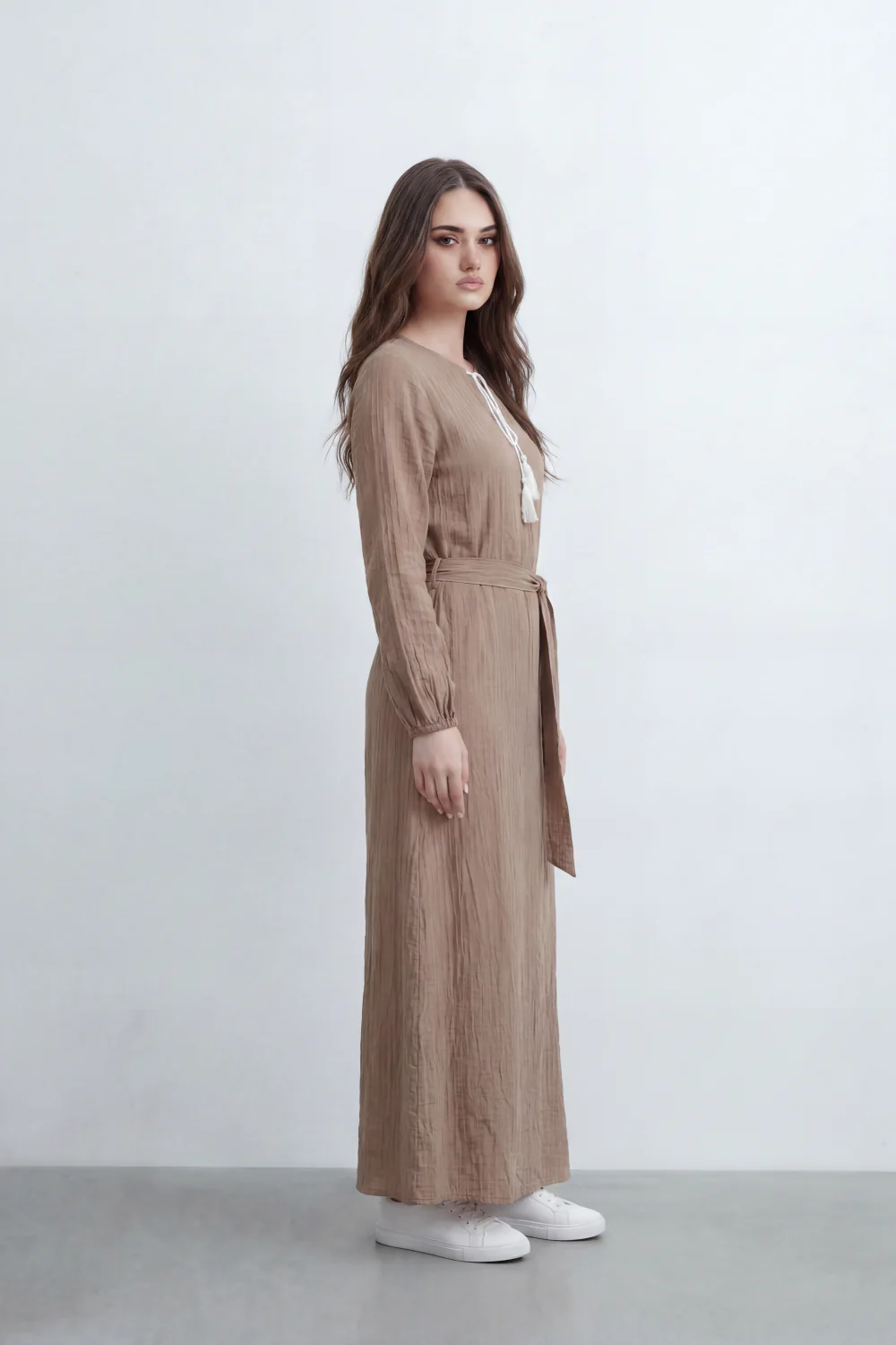 Women’s Tomato Store Desert Gauze Maxi Dress With Allover Cotton Crinkle Slub Texture Front Tassel Tie Detail Self Waist Belt Relaxed Flowing Fit - Image 23