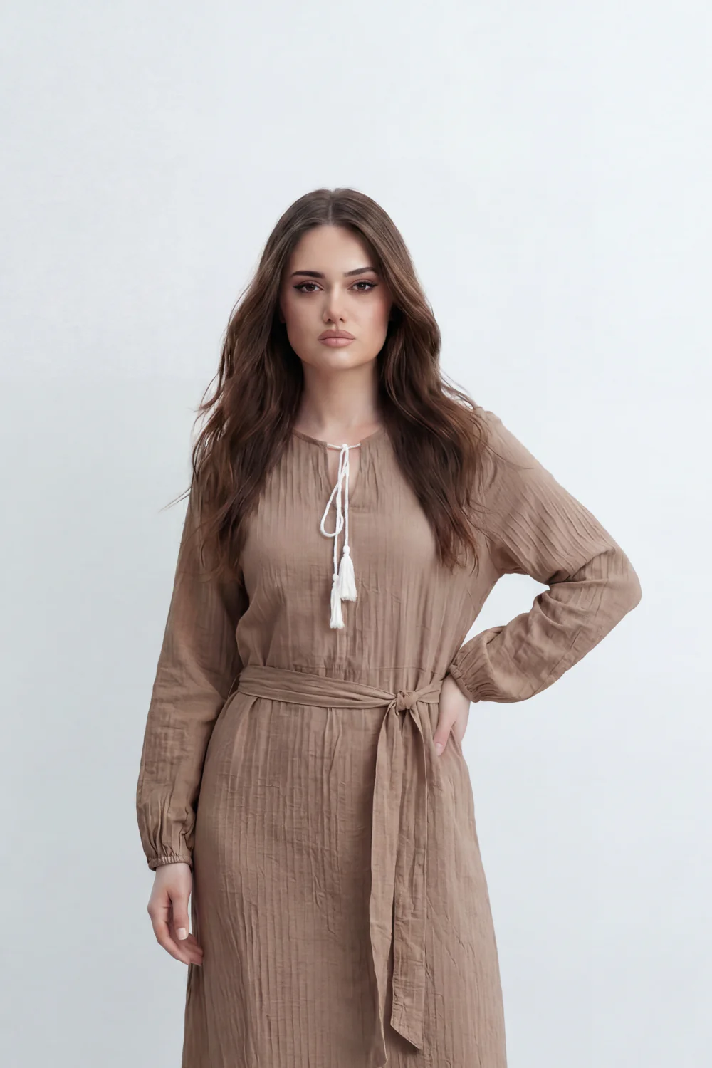 Women’s Tomato Store Desert Gauze Maxi Dress With Allover Cotton Crinkle Slub Texture Front Tassel Tie Detail Self Waist Belt Relaxed Flowing Fit - Image 24