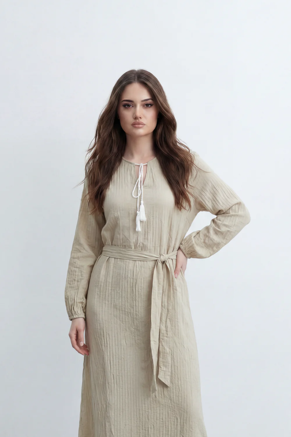 Women’s Tomato Store Desert Gauze Maxi Dress With Allover Cotton Crinkle Slub Texture Front Tassel Tie Detail Self Waist Belt Relaxed Flowing Fit - Image 3