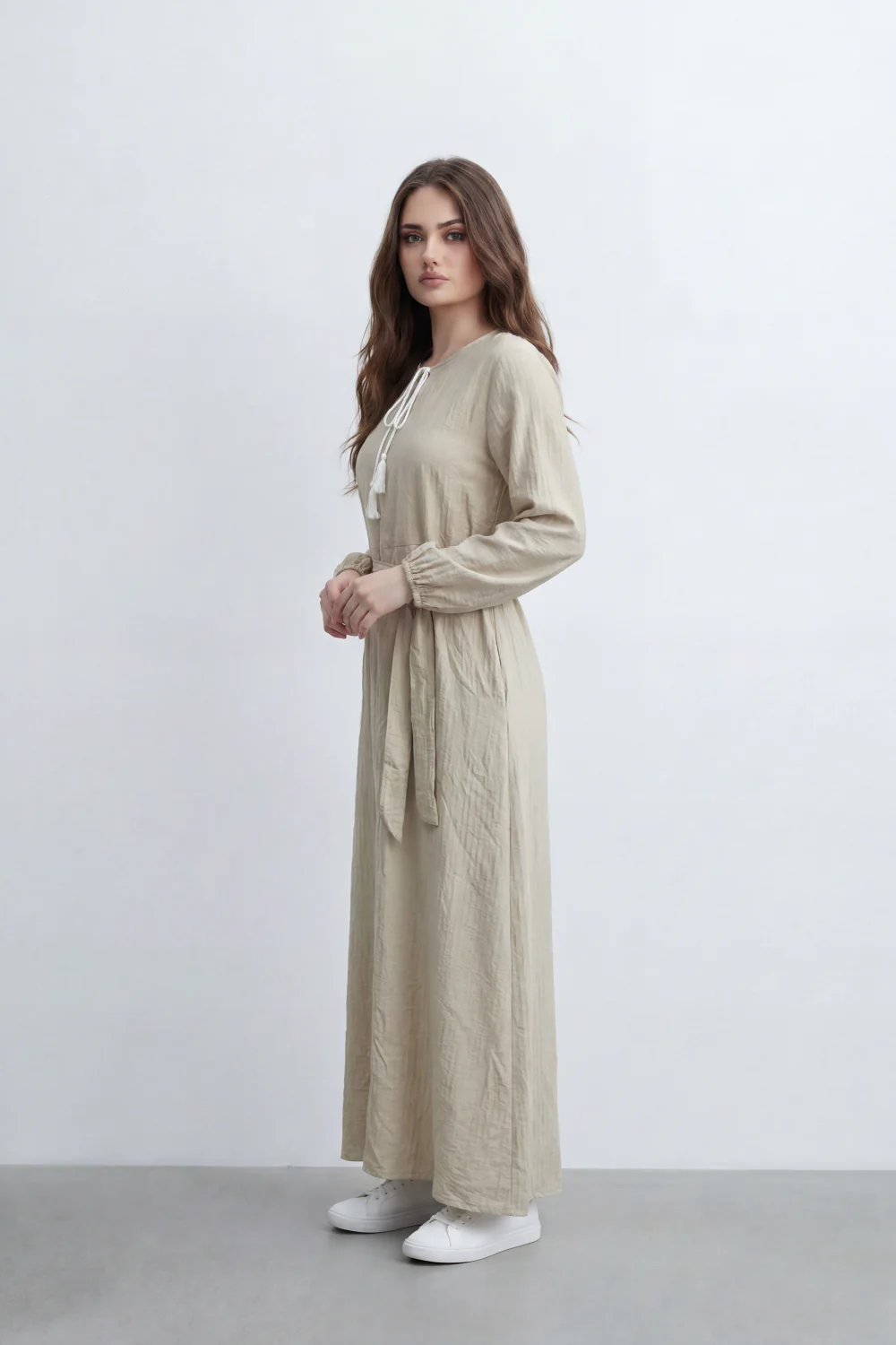 Women’s Tomato Store Desert Gauze Maxi Dress With Allover Cotton Crinkle Slub Texture Front Tassel Tie Detail Self Waist Belt Relaxed Flowing Fit - Image 4