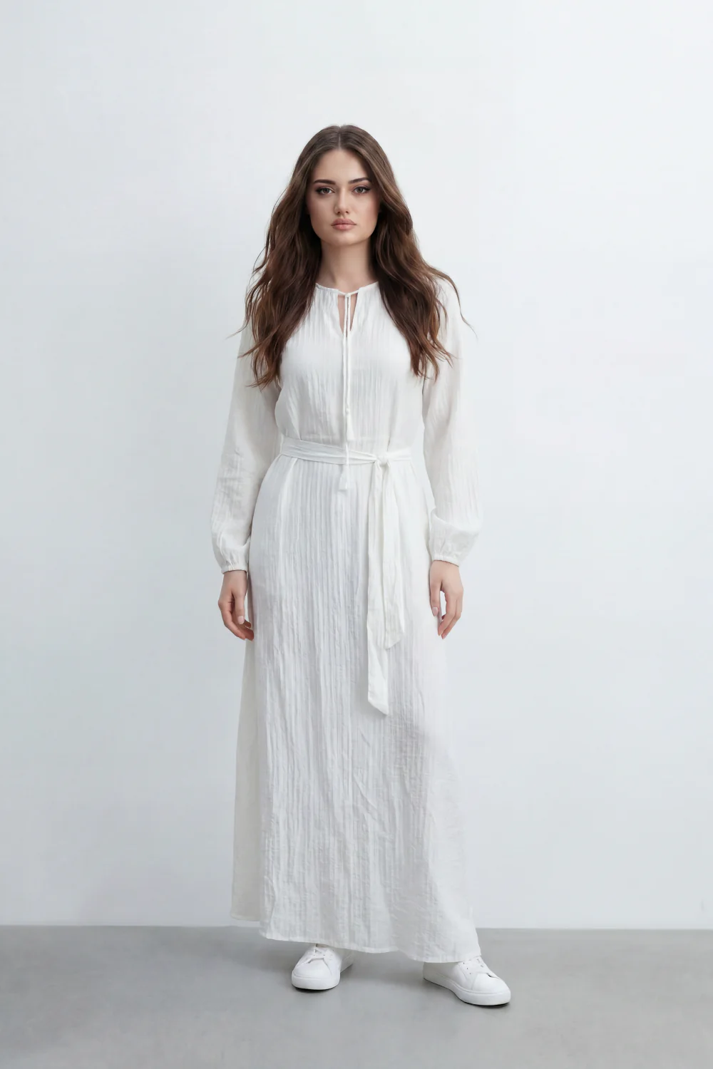 Women’s Tomato Store Desert Gauze Maxi Dress With Allover Cotton Crinkle Slub Texture Front Tassel Tie Detail Self Waist Belt Relaxed Flowing Fit - Image 5
