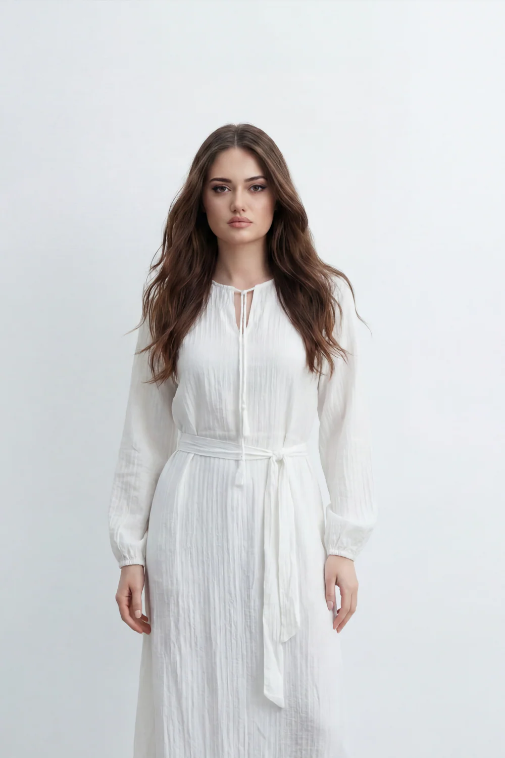 Women’s Tomato Store Desert Gauze Maxi Dress With Allover Cotton Crinkle Slub Texture Front Tassel Tie Detail Self Waist Belt Relaxed Flowing Fit - Image 7