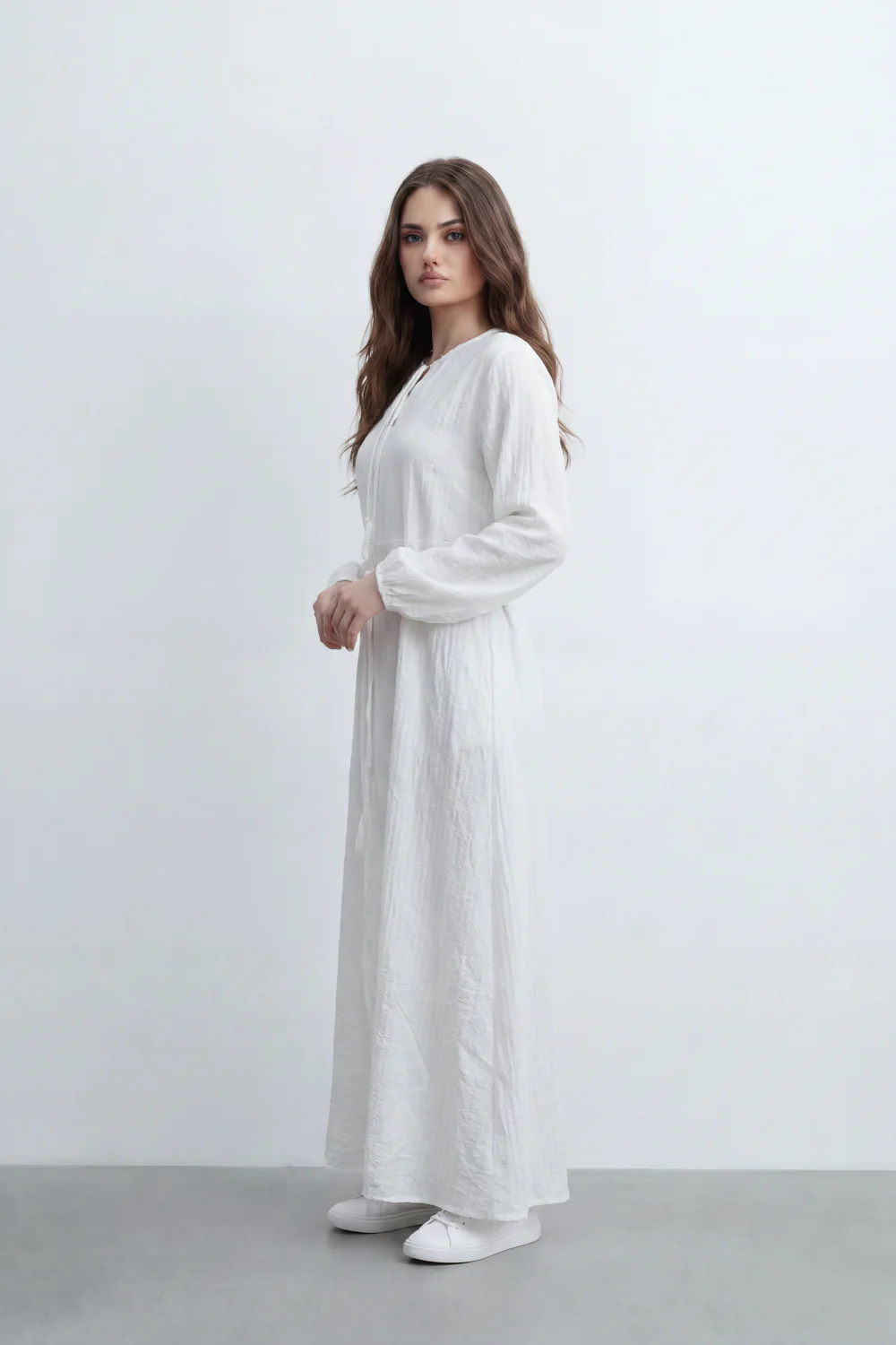 Women’s Tomato Store Desert Gauze Maxi Dress With Allover Cotton Crinkle Slub Texture Front Tassel Tie Detail Self Waist Belt Relaxed Flowing Fit - Image 8