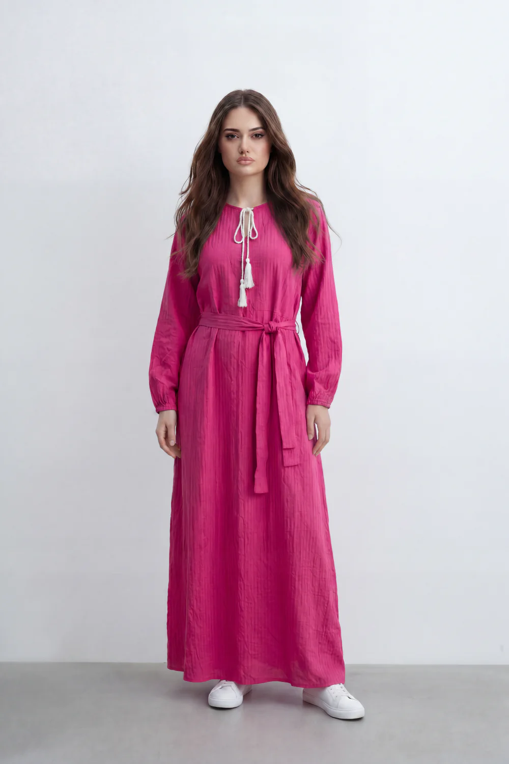 Women’s Tomato Store Desert Gauze Maxi Dress With Allover Cotton Crinkle Slub Texture Front Tassel Tie Detail Self Waist Belt Relaxed Flowing Fit - Image 9