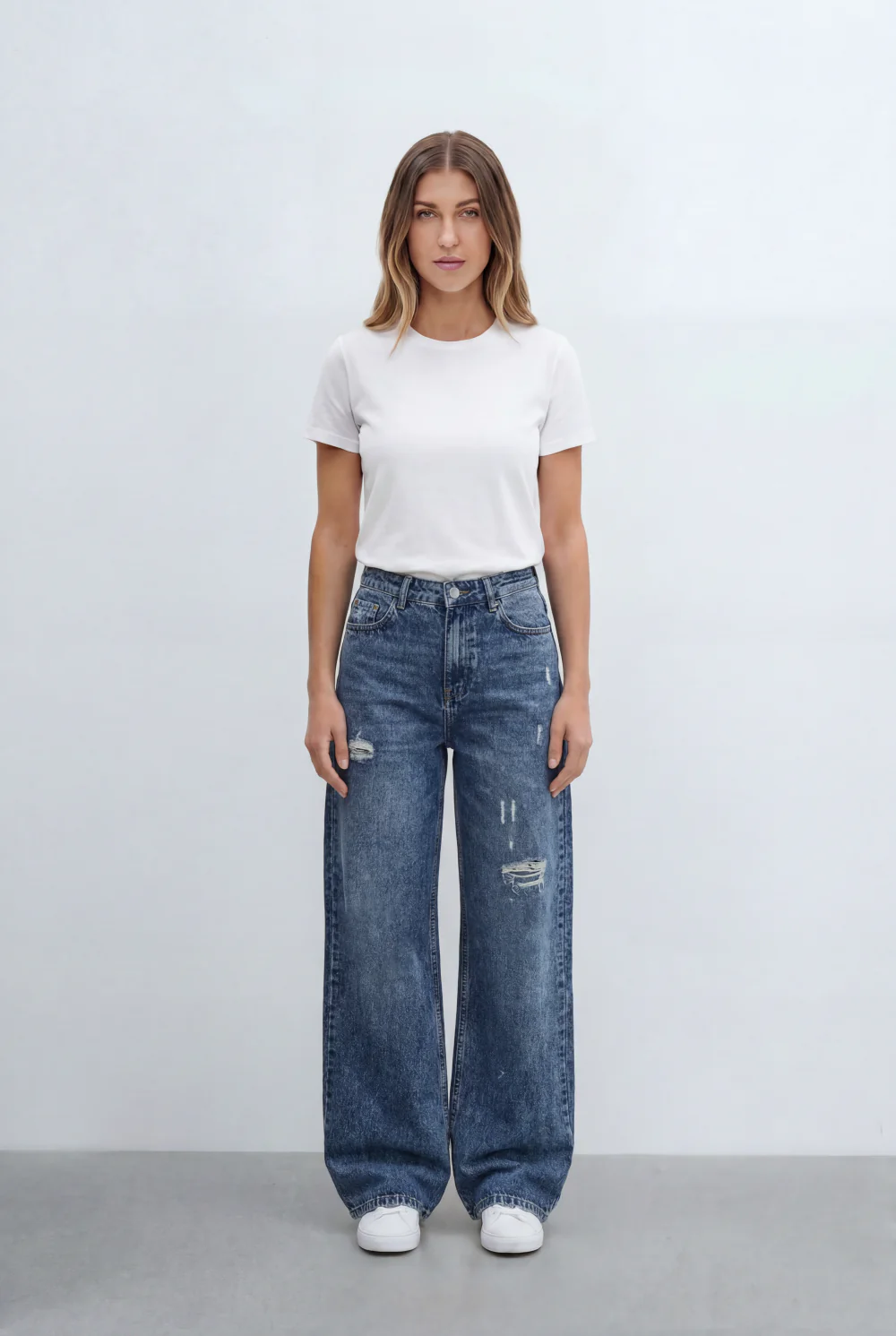 Women’s Tomato Store Distressed Wide Leg Jeans Ripped Detail Finish Vintage Washed Denim Pants - Image 3