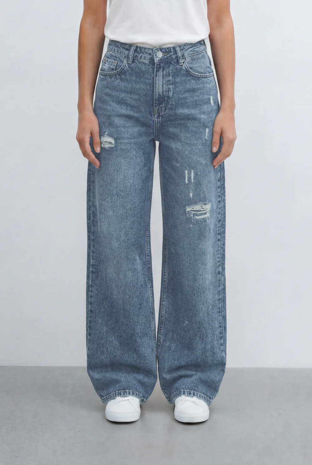Women’s Tomato Store Distressed Wide Leg Jeans Ripped Detail Finish Vintage Washed Denim Pants - Image 5