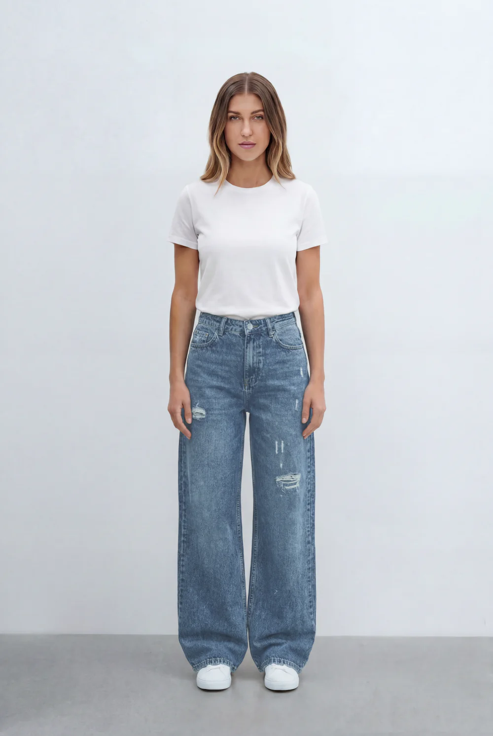 Women’s Tomato Store Distressed Wide Leg Jeans Ripped Detail Finish Vintage Washed Denim Pants - Image 7