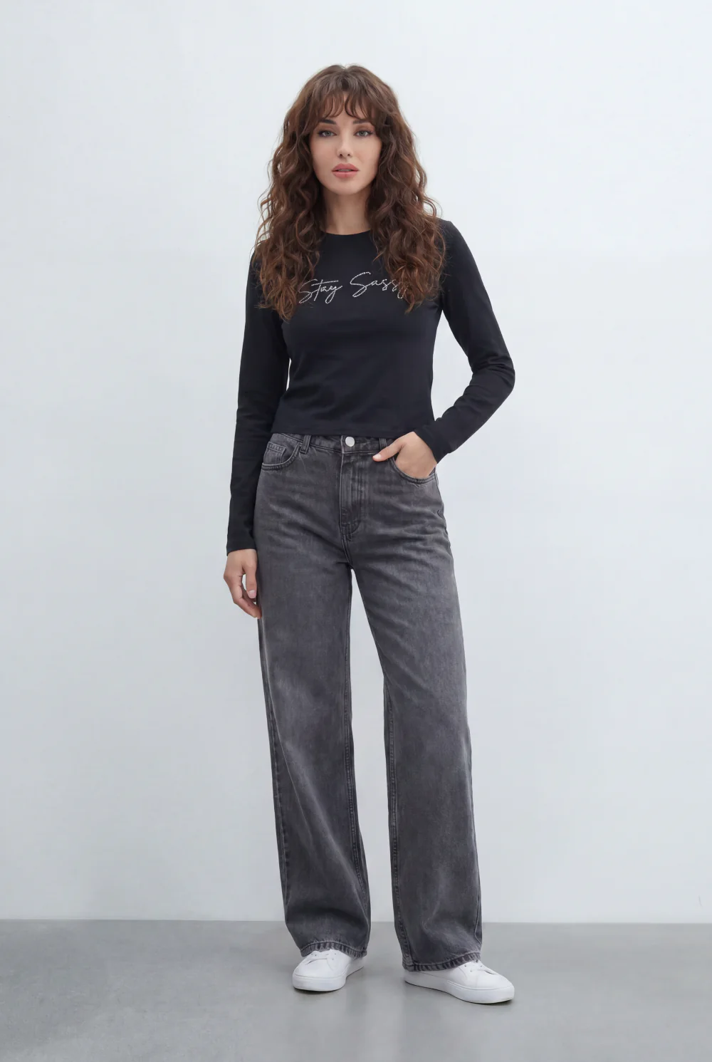 Women’s Tomato Store Fitted Long Sleeve Top Minimal Script Graphic Sleek T-Shirt - Image 3