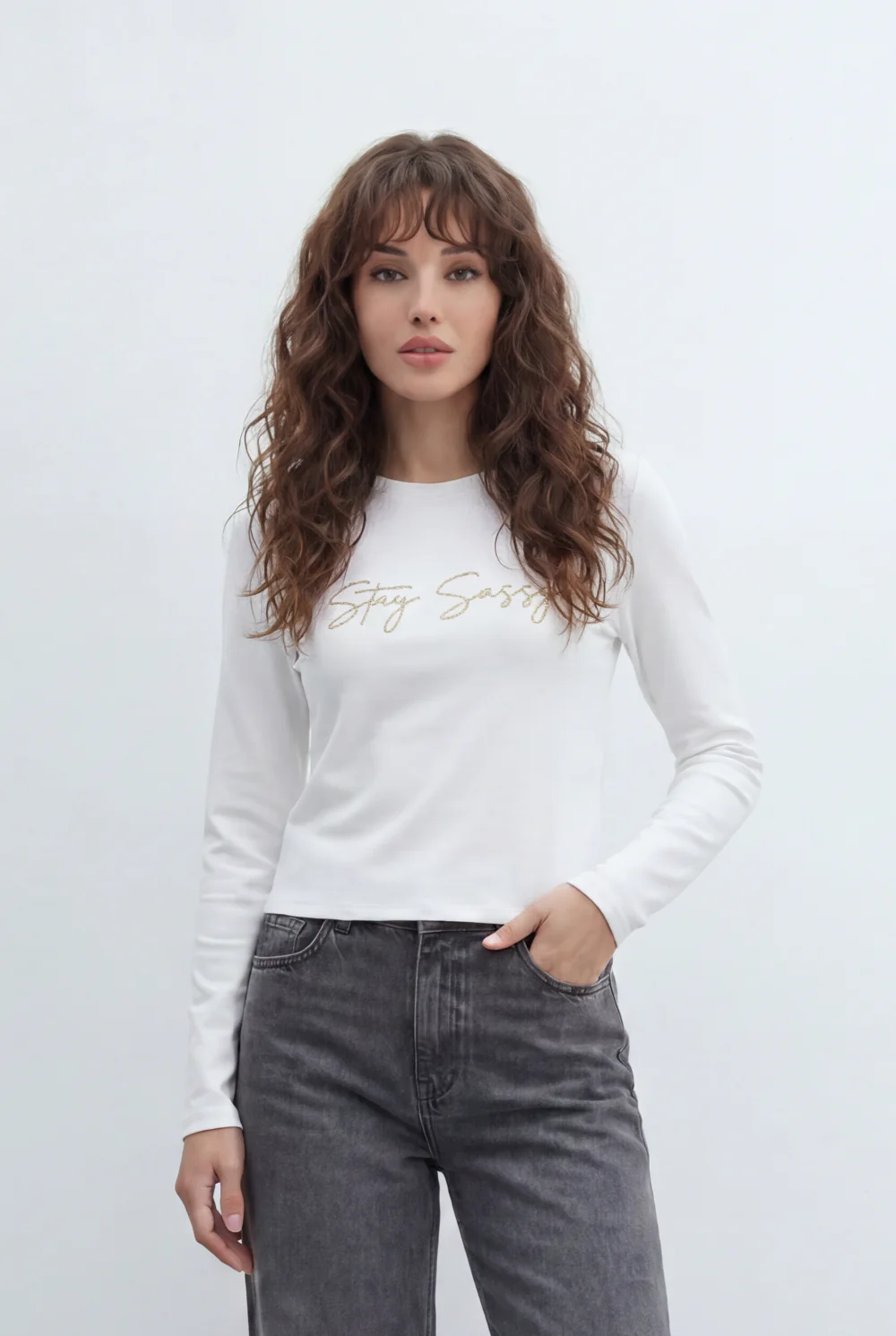 Women’s Tomato Store Fitted Long Sleeve Top Minimal Script Graphic Sleek T-Shirt - Image 5