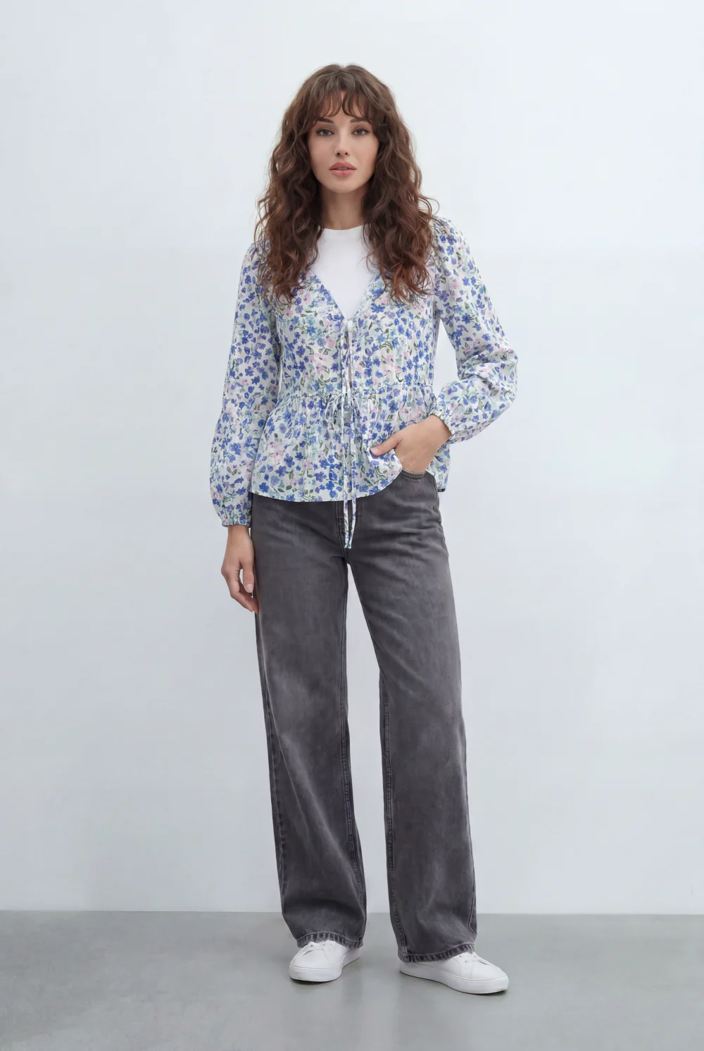 Women’s Tomato Store Floral Peplum Blouse Designed Tie Front Detail Soft Ruffle Trims Gathered Waist - Image 3