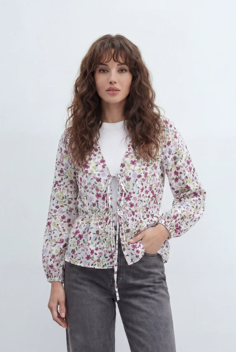 Women’s Tomato Store Floral Peplum Blouse Designed Tie Front Detail Soft Ruffle Trims Gathered Waist - Image 5