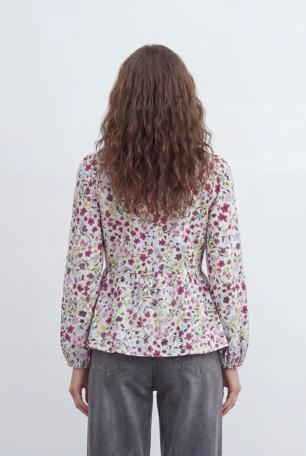 Women’s Tomato Store Floral Peplum Blouse Designed Tie Front Detail Soft Ruffle Trims Gathered Waist - Image 6