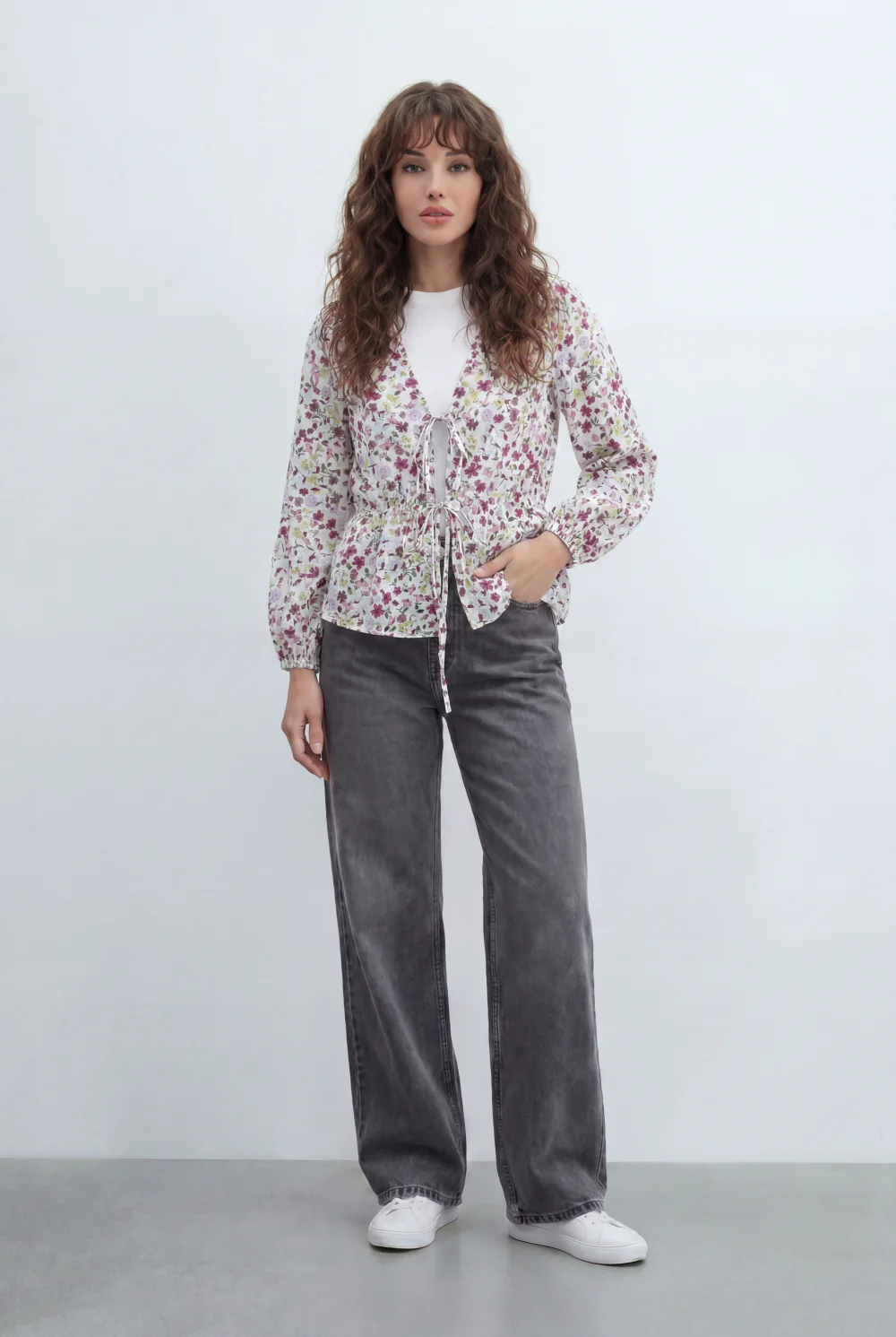 Women’s Tomato Store Floral Peplum Blouse Designed Tie Front Detail Soft Ruffle Trims Gathered Waist - Image 7
