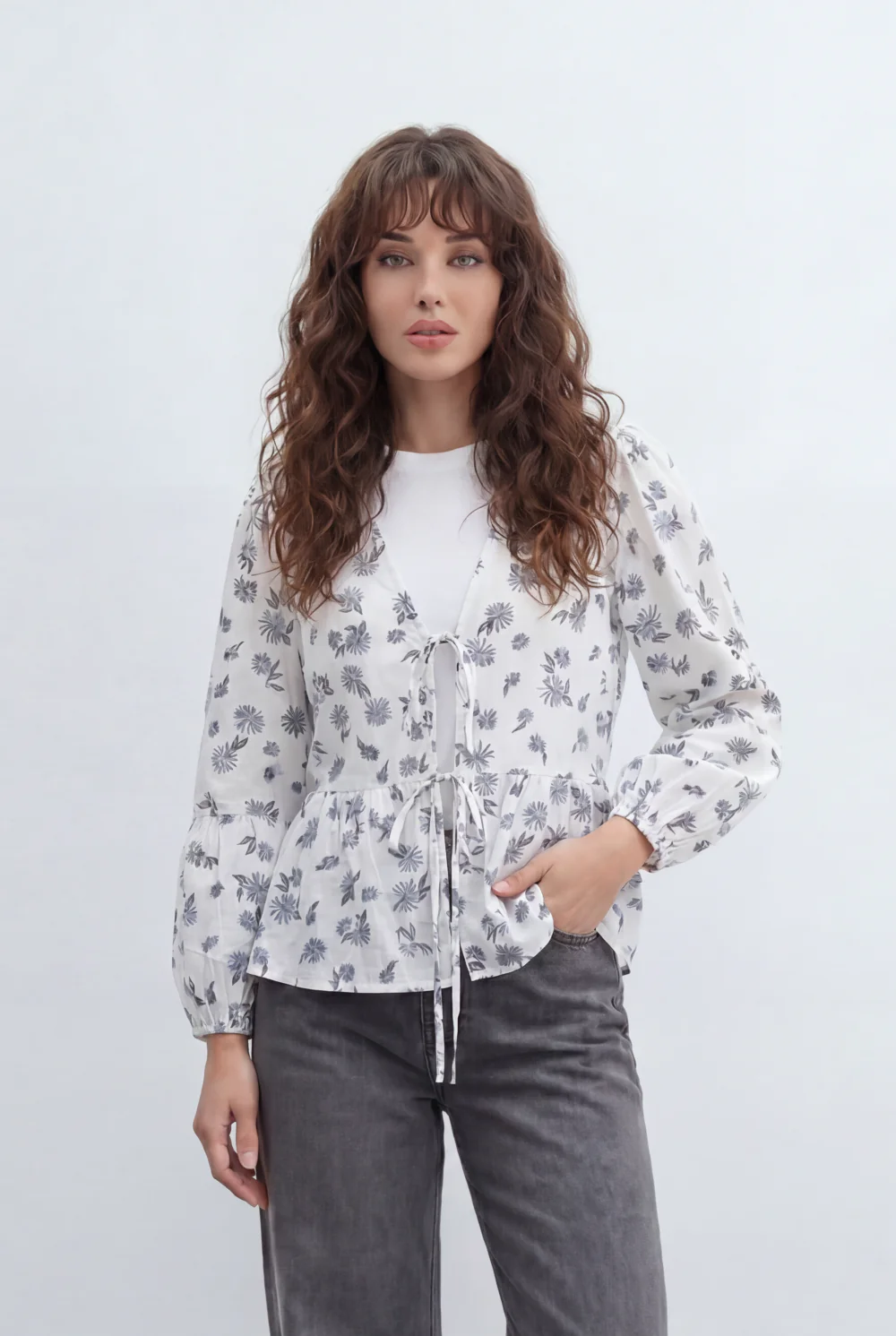 Women’s Tomato Store Printed Peplum Blouse Featuring Delicate Tie Front Details - Image 5
