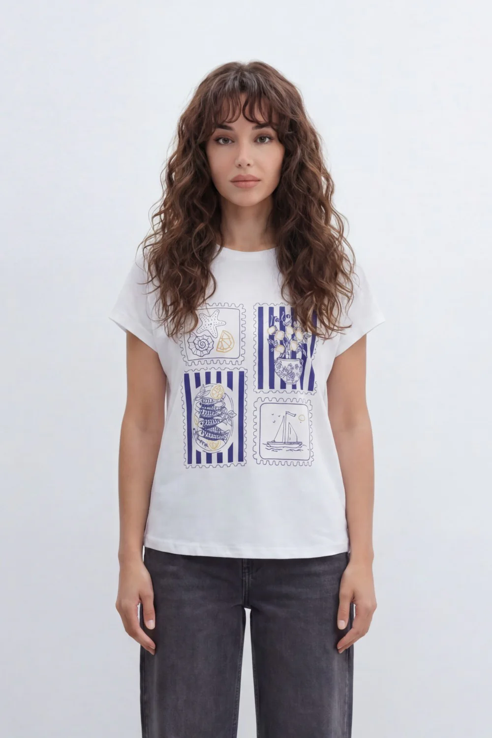 Women’s Tomato Store Seaside Stamp Graphic T-Shirt With Smooth Jersey Texture Nautical Line Artwork Stripe Panels