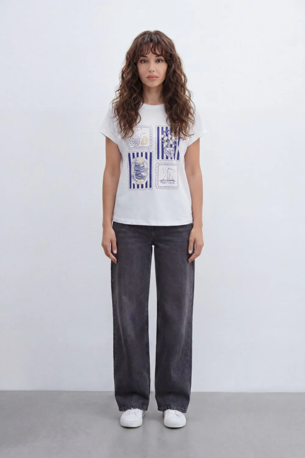 Women’s Tomato Store Seaside Stamp Graphic T-Shirt With Smooth Jersey Texture Nautical Line Artwork Stripe Panels - Image 3