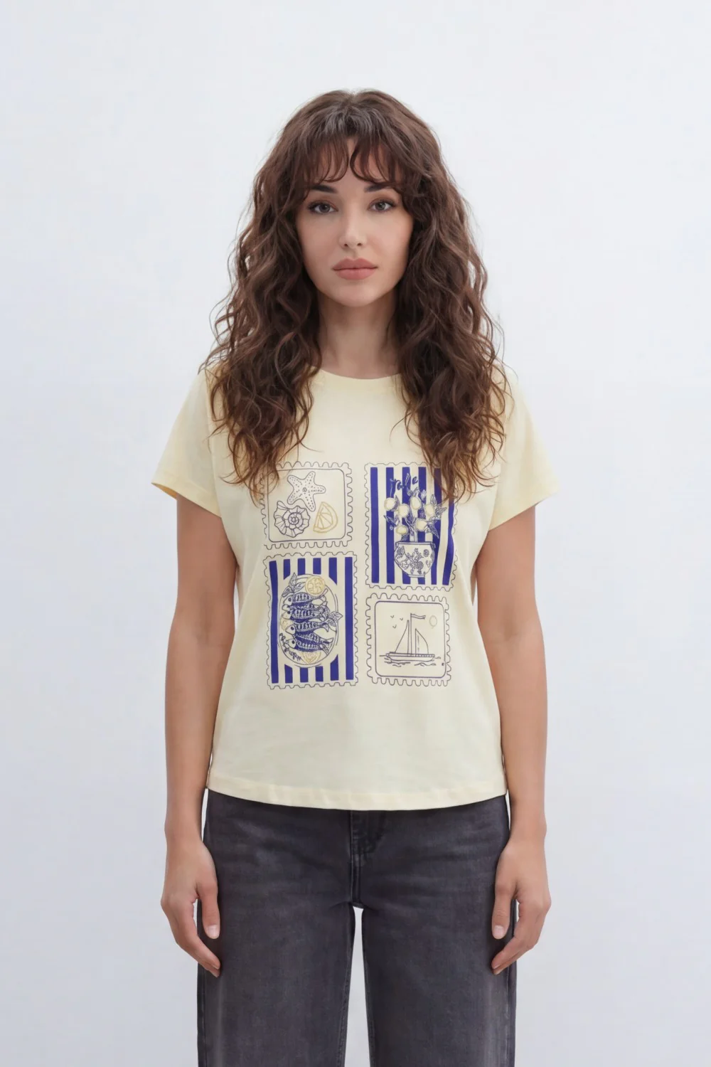 Women’s Tomato Store Seaside Stamp Graphic T-Shirt With Smooth Jersey Texture Nautical Line Artwork Stripe Panels - Image 5