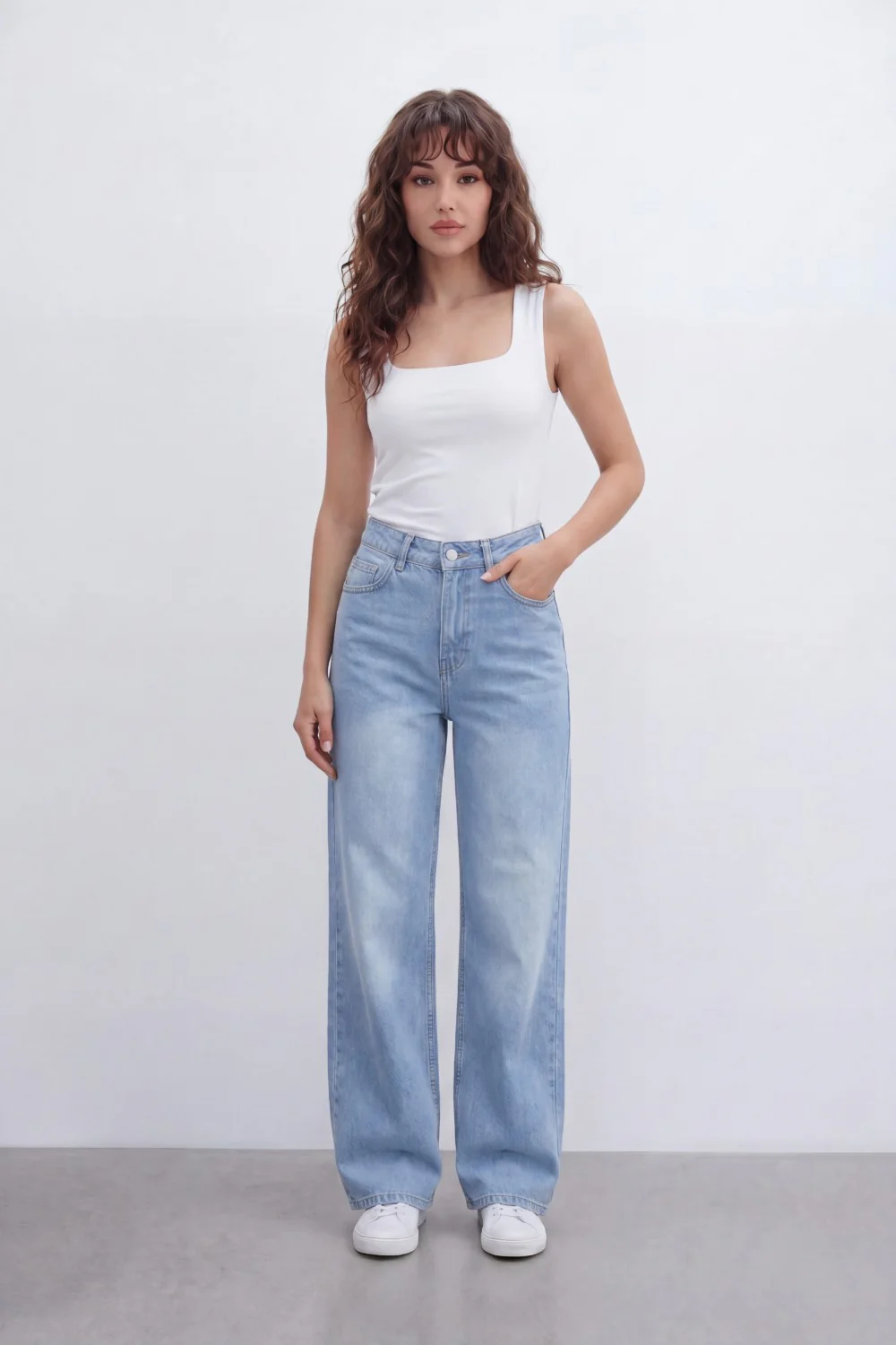 Women’s Tomato Store Sky Fade Wide Leg Jeans With Washed Denim Texture Soft Whisker Fade Effect Vertical Grain Pants - Image 11