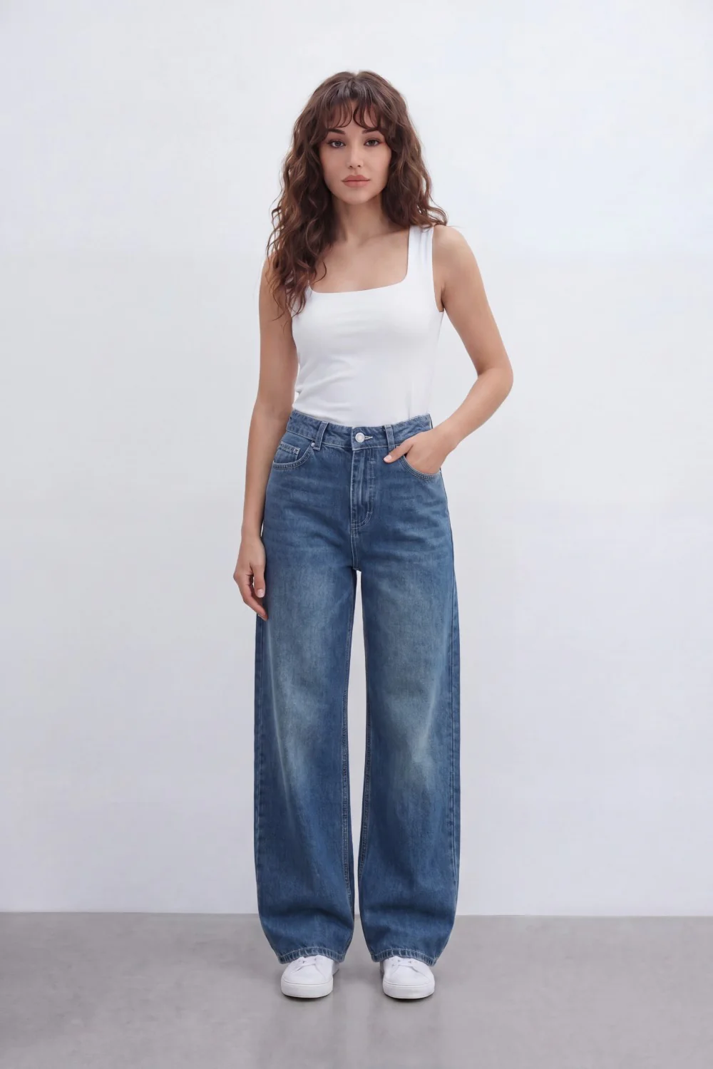 Women’s Tomato Store Sky Fade Wide Leg Jeans With Washed Denim Texture Soft Whisker Fade Effect Vertical Grain Pants - Image 7