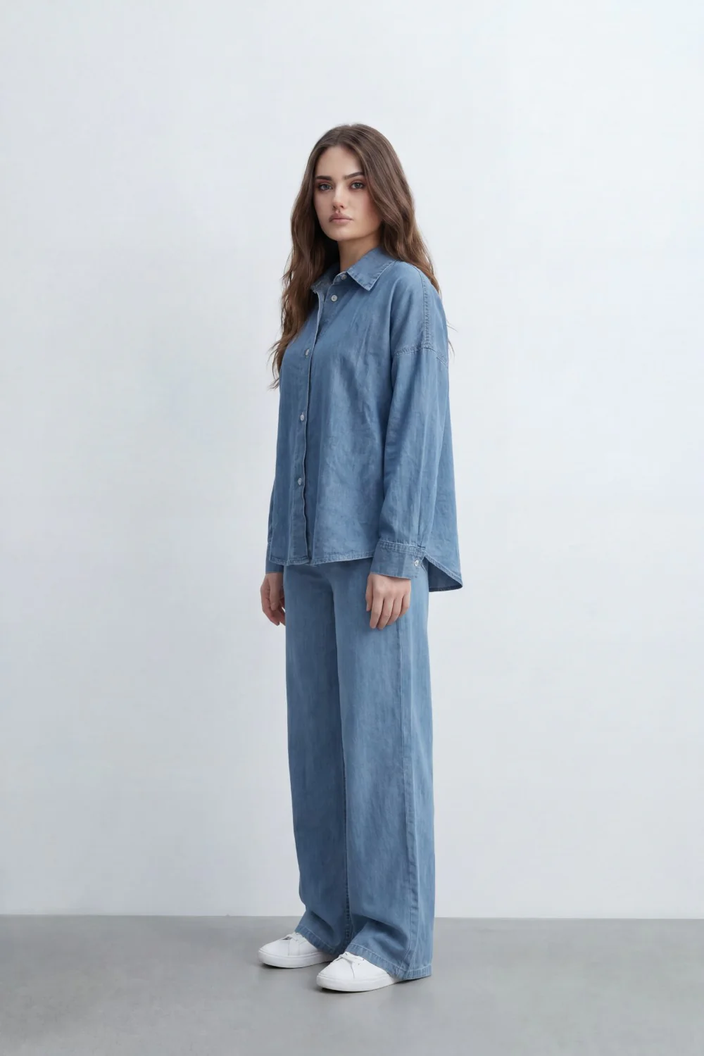 Women’s Tomato Store Soft Fade Chambray Set With Washed Denim Look Texture Subtle Slub Surface Wide Sleeves Outfit - Image 8
