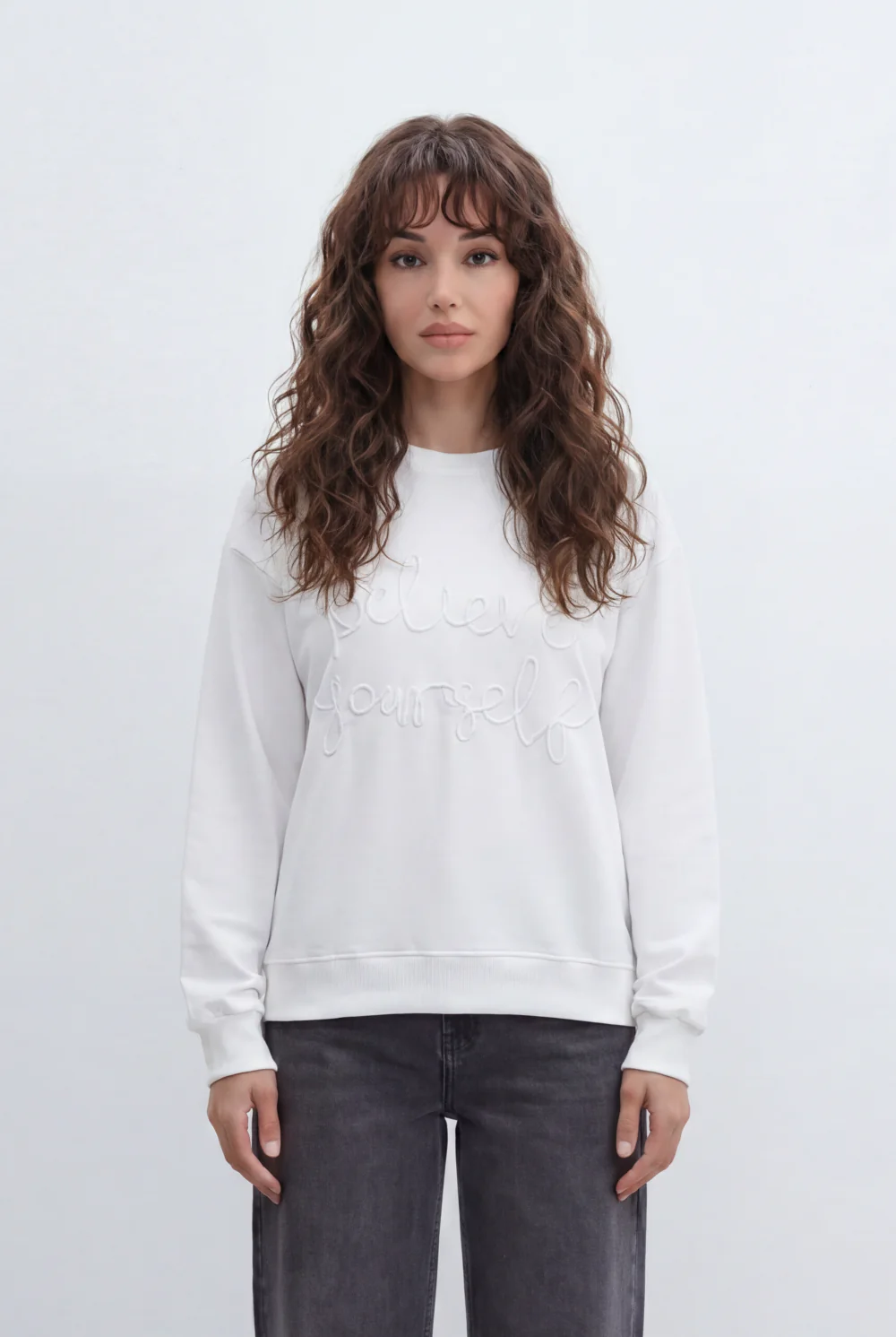 Women’s Tomato Store Soft Script T-Shirt With Brushed Fleece Surface Raised Bouclé Embroidery Front Placement Tonal Letter Artwork - Image 5