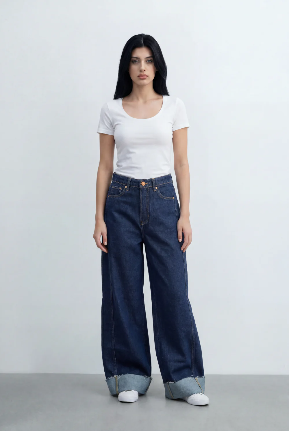 Women’s Tomato Store Wide Leg Denim Clean Dark Wash Turn Up Cuff Hem Pants - Image 3