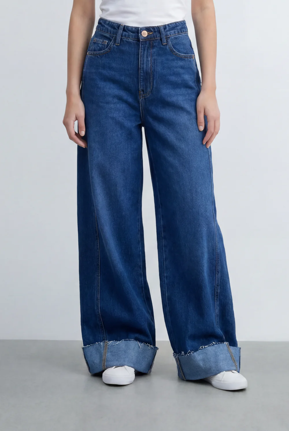 Women’s Tomato Store Wide Leg Denim Clean Dark Wash Turn Up Cuff Hem Pants - Image 5
