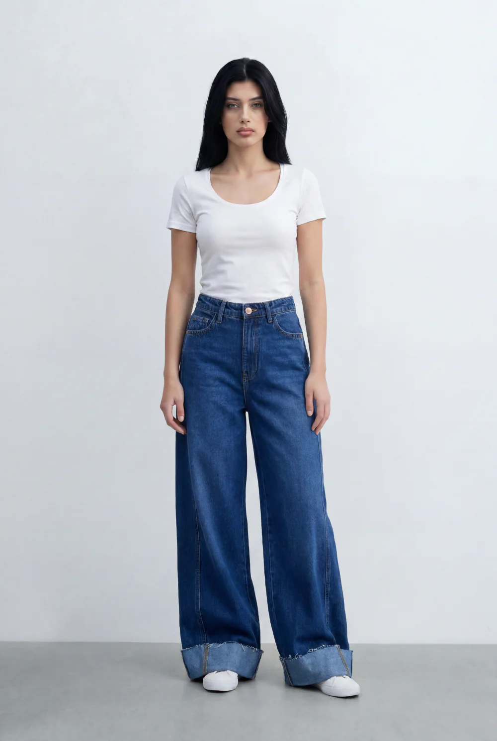 Women’s Tomato Store Wide Leg Denim Clean Dark Wash Turn Up Cuff Hem Pants - Image 7