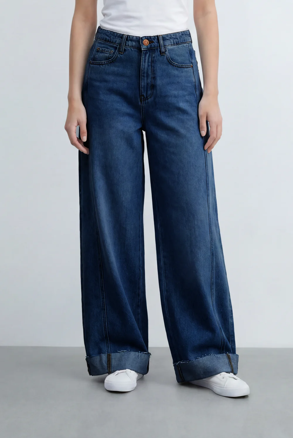 Women’s Tomato Store Wide Leg Denim Clean Dark Wash Turn Up Cuff Hem Pants - Image 9