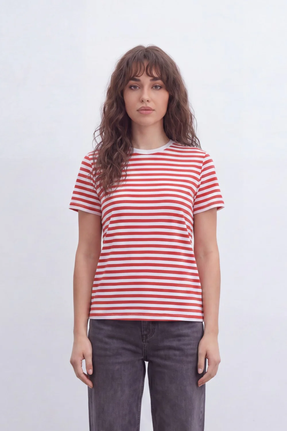 Women’s Tomato Store Rhythm Striped T-Shirt With Smooth Jersey Texture Yarn Dyed Horizontal Stripe Print Allover - Image 9