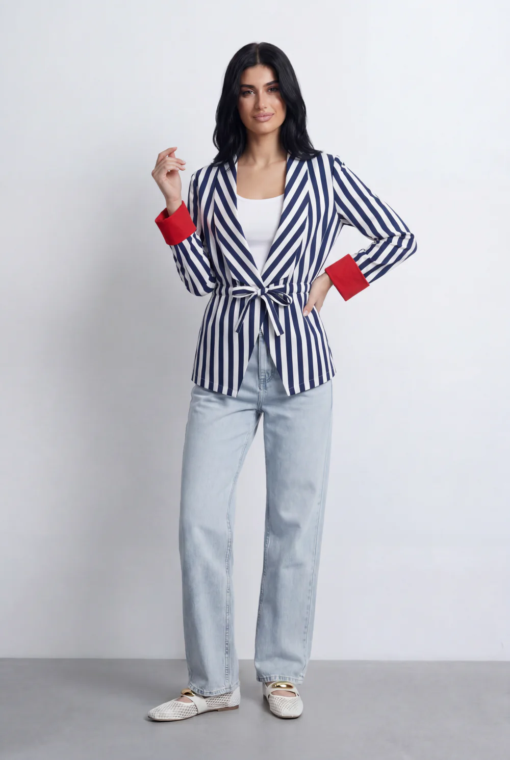 Women’s Tomato Store Stripe Wrap Cardigan Vertical Stripe Pattern Open Front Tie Waist Belt Contrast Cuff Detail - Image 11