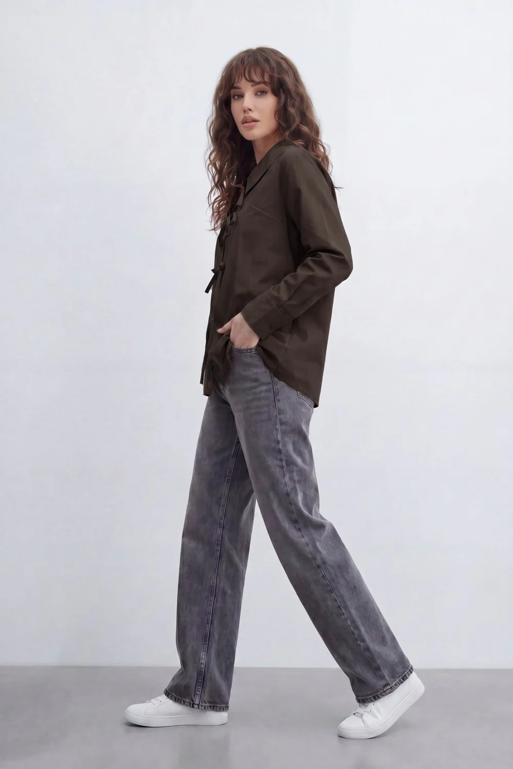 Women’s Tomato Store Tie Front Blouse With Smooth Woven Texture Plain Solid Surface Front Bow Tie Fastenings - Image 7
