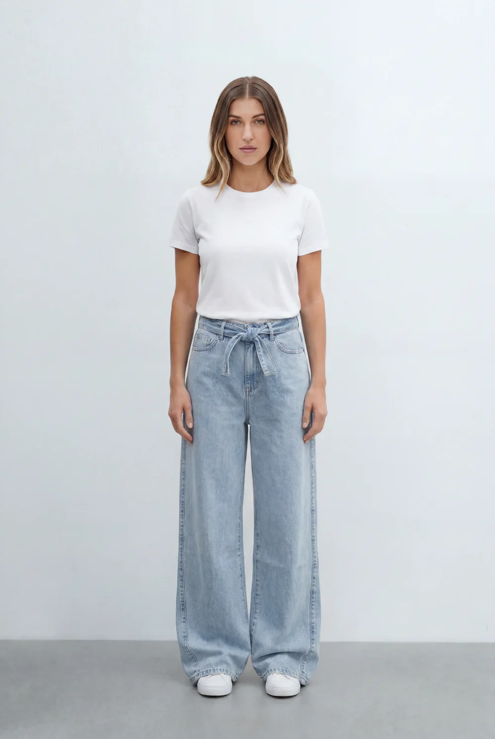 Women’s Tomato Store Tie Waist Wide Leg Jeans Acid Wash Pants Self Fabric Belt Detail - Image 7