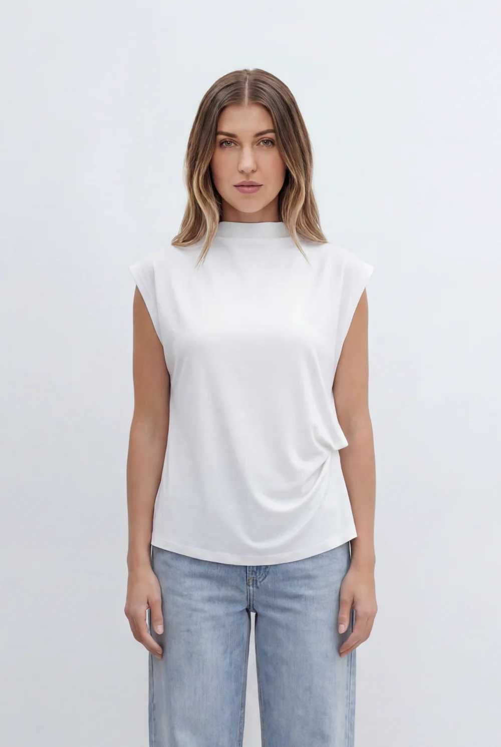 Women’s Tomato Store Top Soft Draped Side Detail Mock Neck Design Cap Sleeves