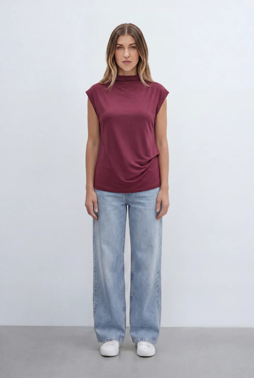 Women’s Tomato Store Top Soft Draped Side Detail Mock Neck Design Cap Sleeves - Image 11