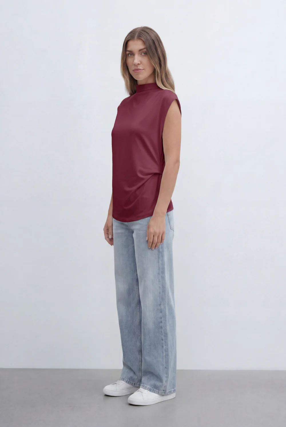 Women’s Tomato Store Top Soft Draped Side Detail Mock Neck Design Cap Sleeves - Image 12