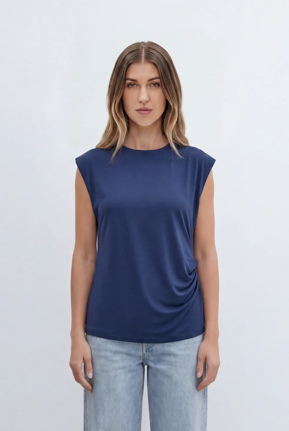 Women’s Tomato Store Top Soft Draped Side Detail Mock Neck Design Cap Sleeves - Image 5